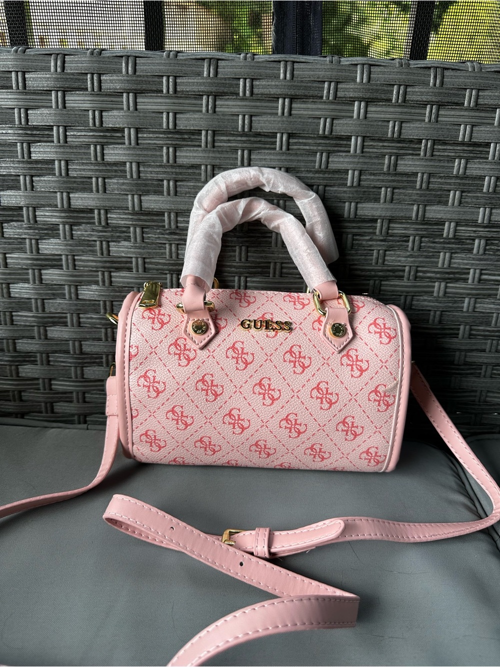 GUESS Pink Mini Barrel Satchel with Logo Pattern